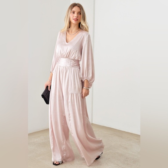 NWT-Satin V-Neck Ruched Waist Puff Sleeve Wide Leg Jumpsuit - Picture 2 of 13